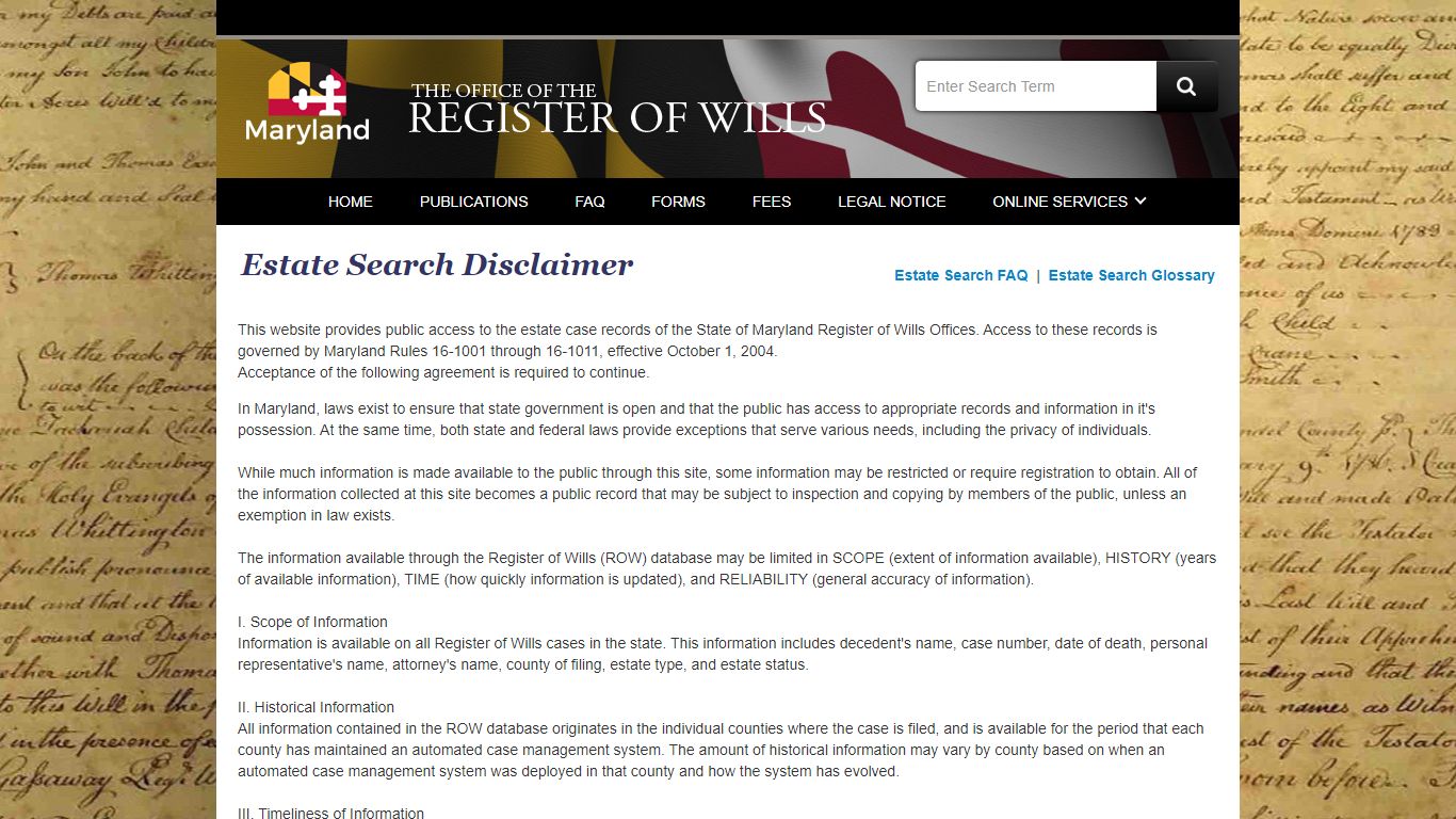 Office Of The Register Of Wills - Estate Search - Maryland
